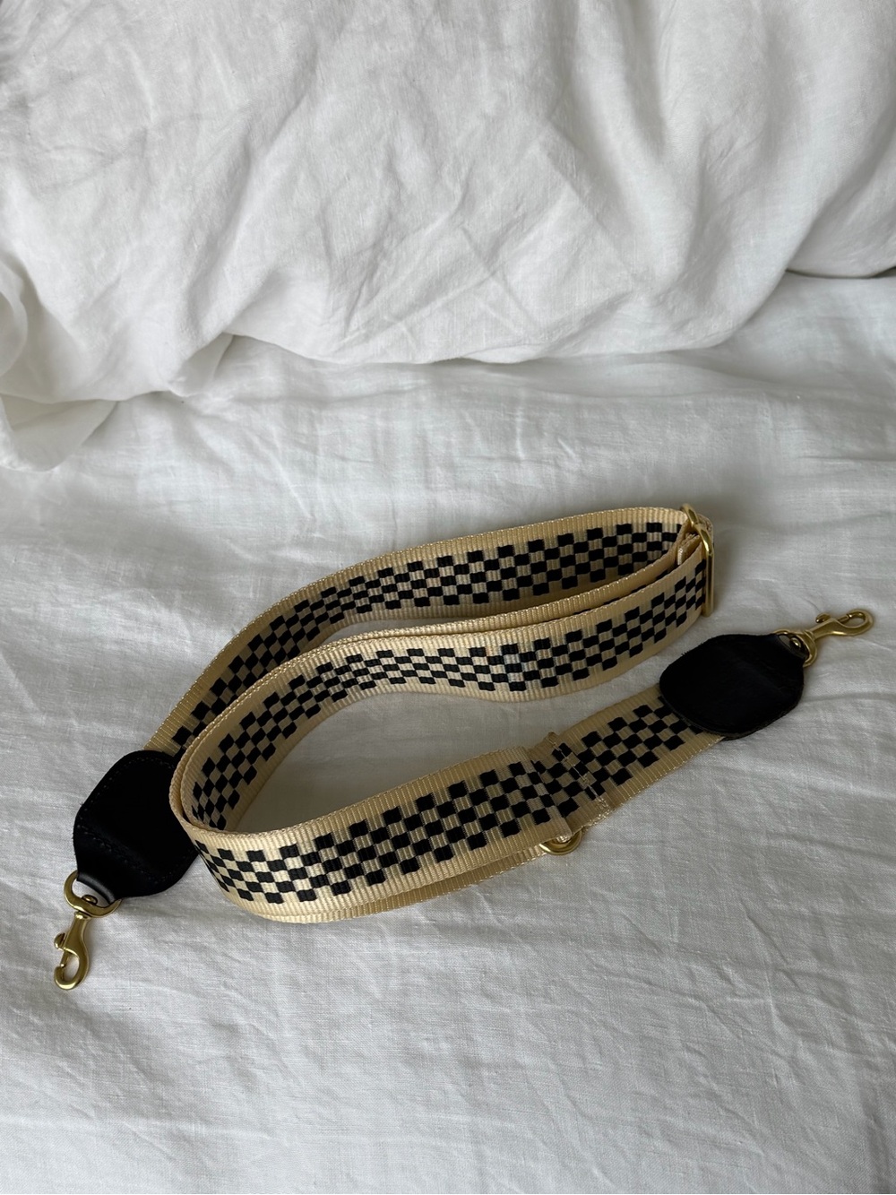 CLARE V Checkered Beige and Black Long Bag Strap